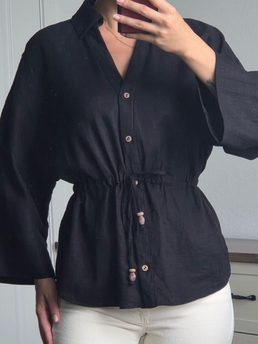 Zara Black Button-Front Drawstring Waist Blouse